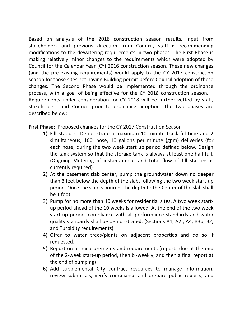 First Phase: Proposed Changes for the CY 2017 Construction Season