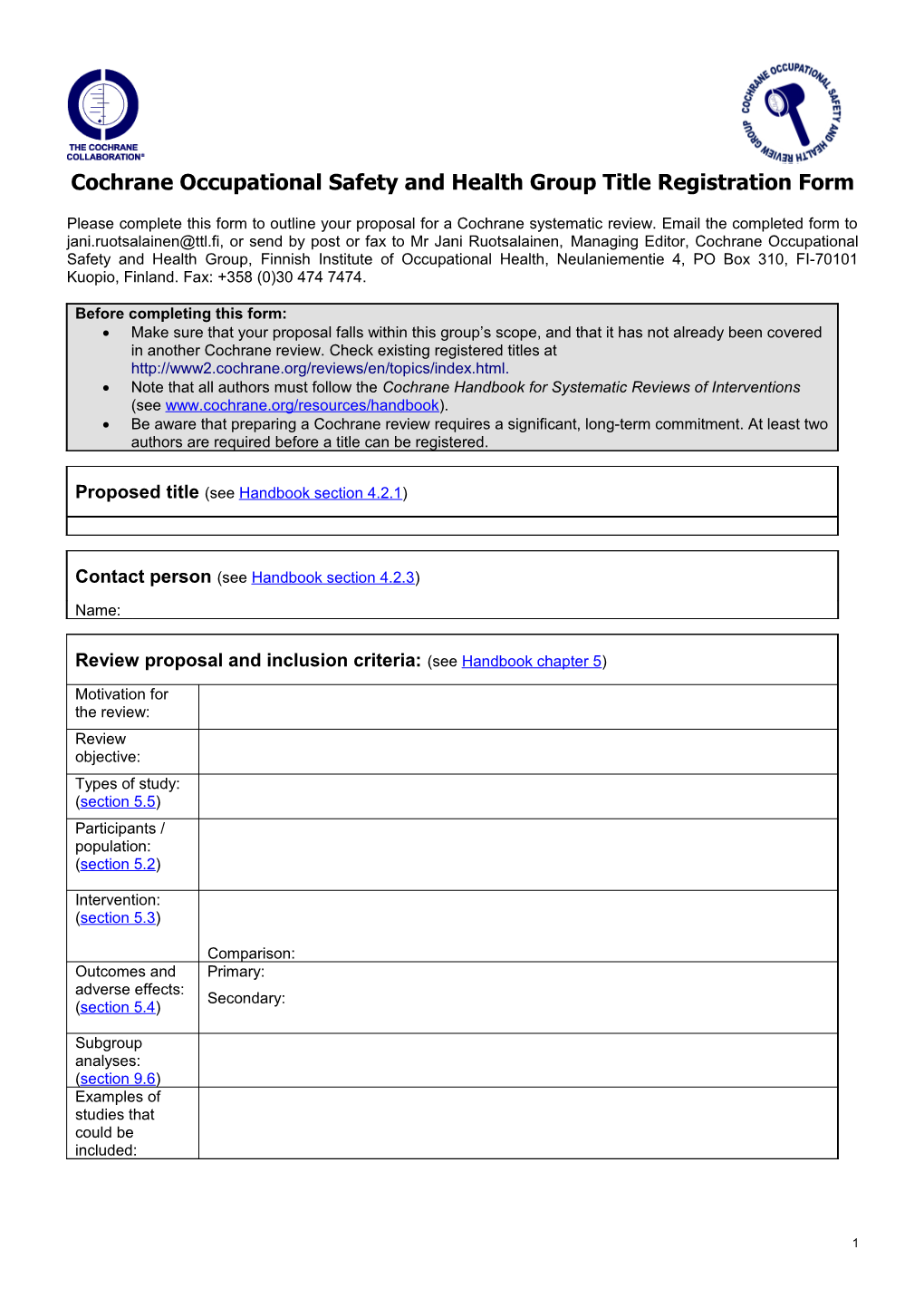 Cochrane Occupational Safety and Health Group Title Registration Form
