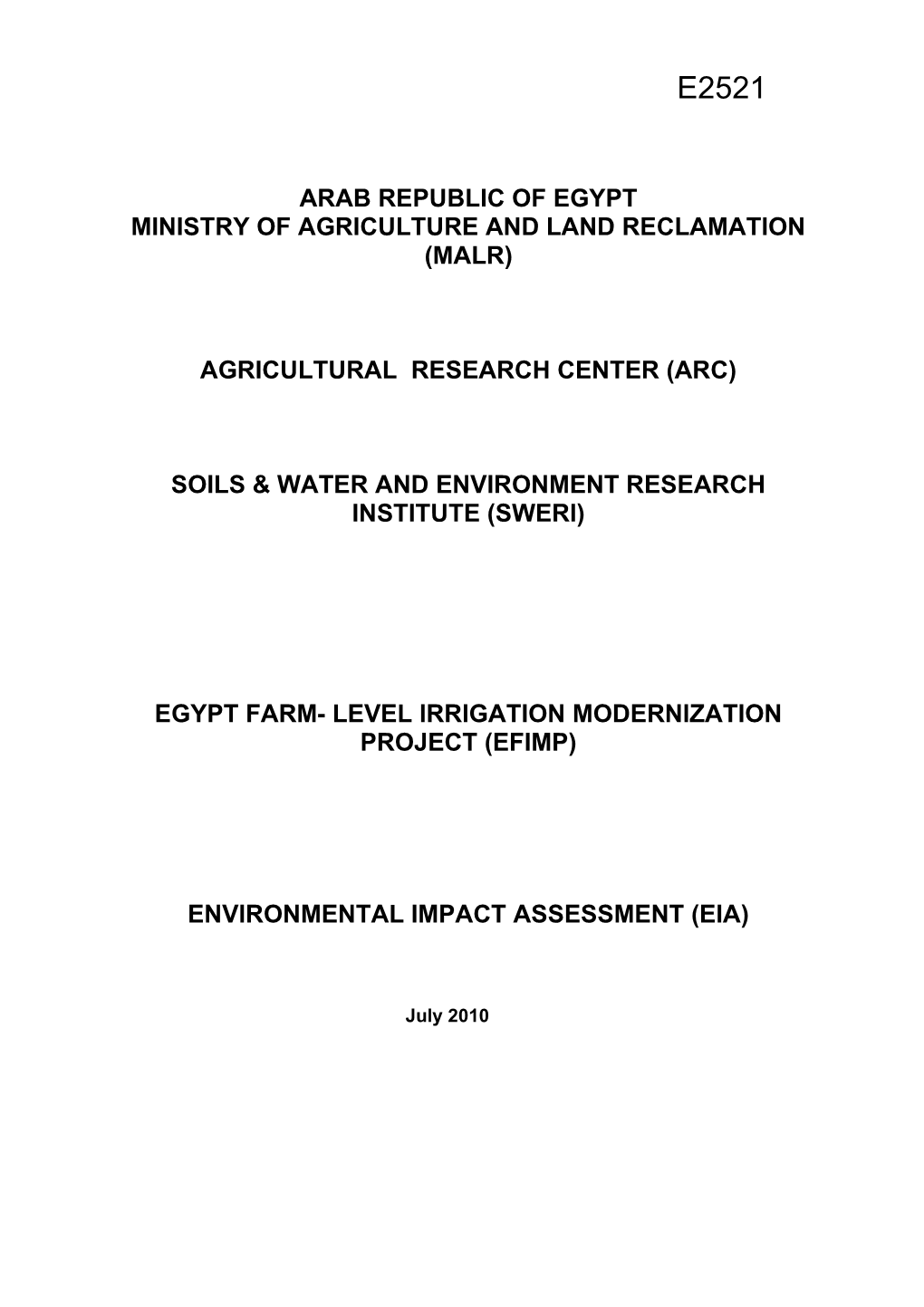 Ministry of Agriculture and Land Reclamation (MALR)
