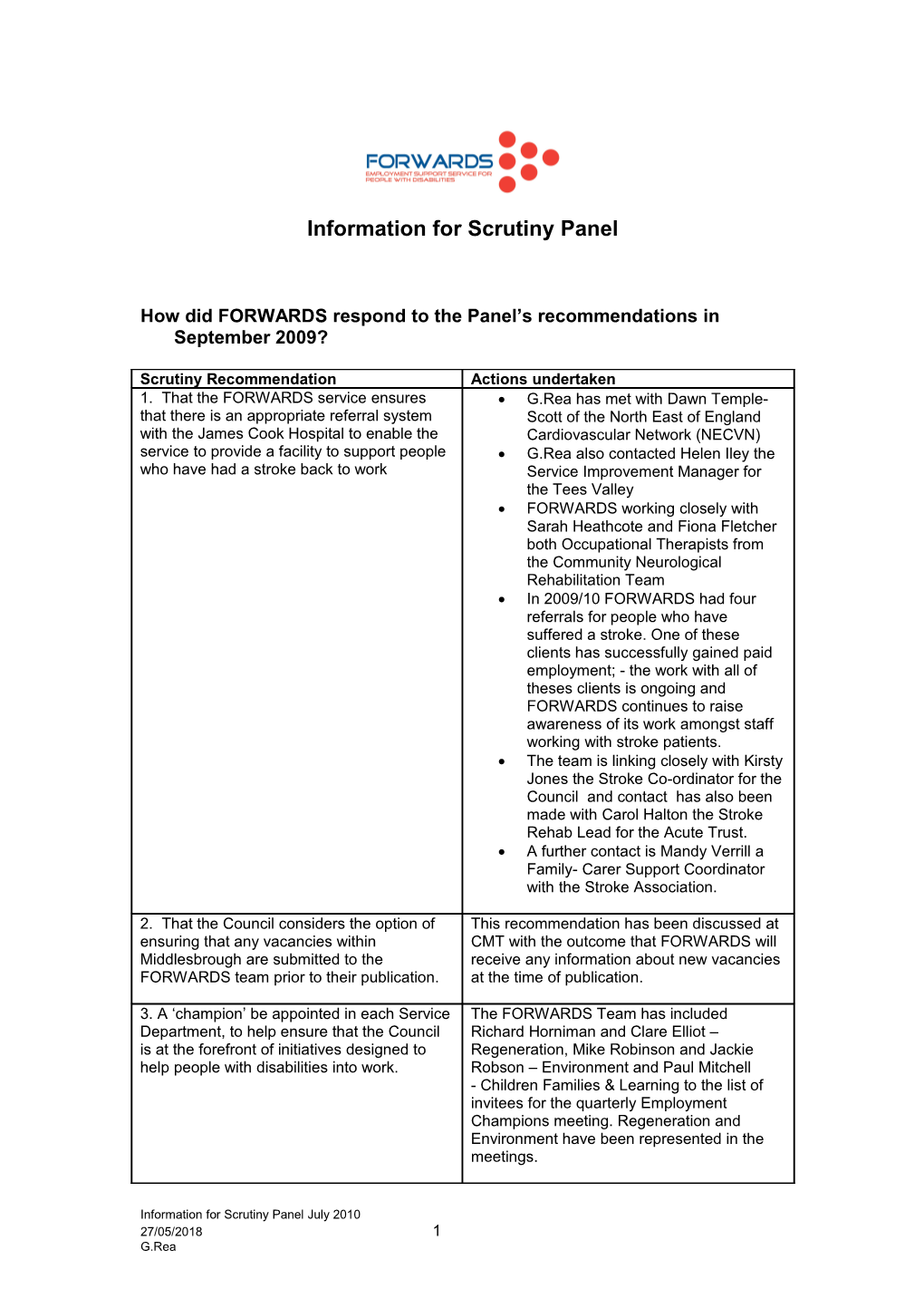 Information for Scrutiny Panel