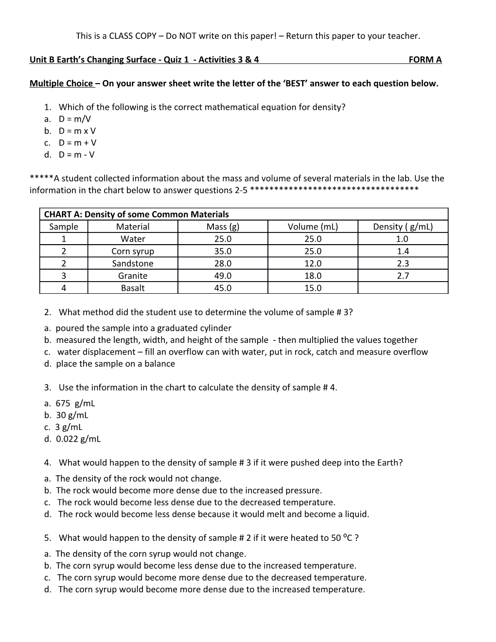 Unit B Earth S Changing Surface - Quiz 1 - Activities 3 & 4 FORM A
