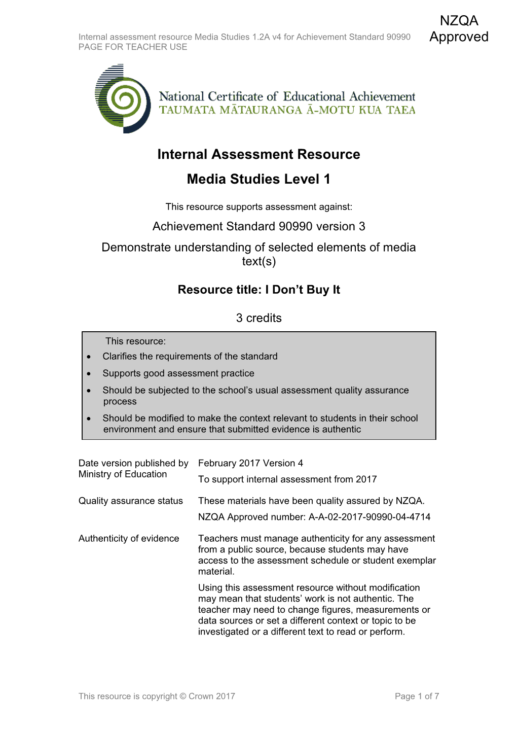 Level 1 Media Studies Internal Assessment Resource
