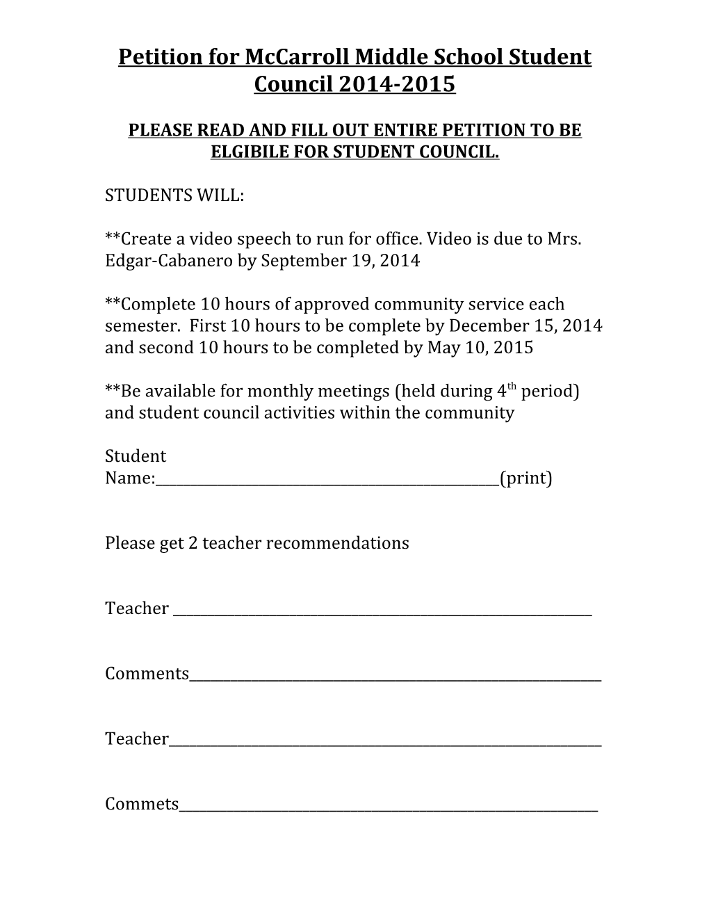 Petition for Mccarroll Middle School Student Council 2014-2015