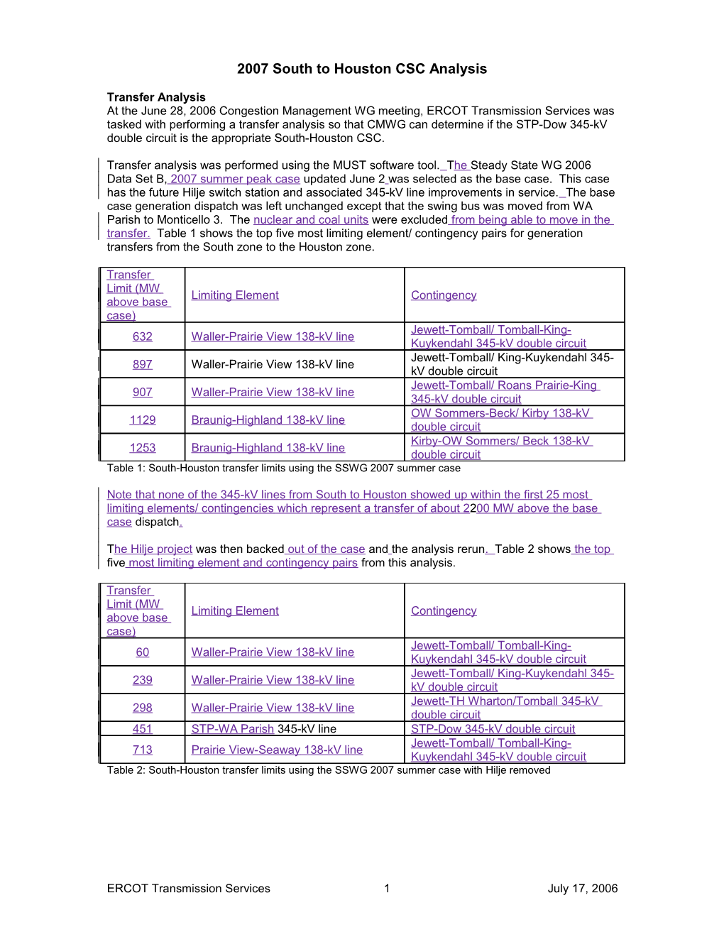 2007 South to Houston CSC Analysis