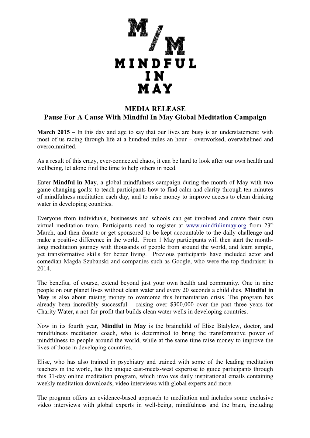 Mindful in May Media Release 2015 DRAFT