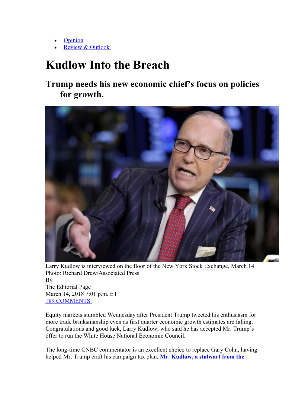 Kudlow Into the Breach