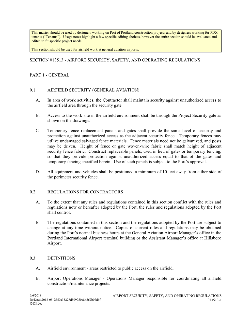 SECTION 013513Ga - AIRPORT SECURITY, SAFETY & OPERATING REGULATIONS (GA)
