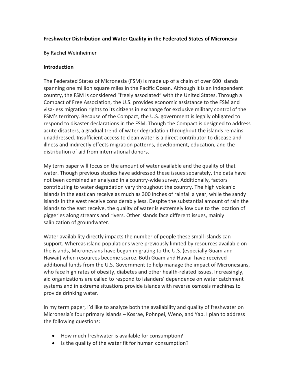 Freshwater Distribution and Water Quality in the Federated States of Micronesia