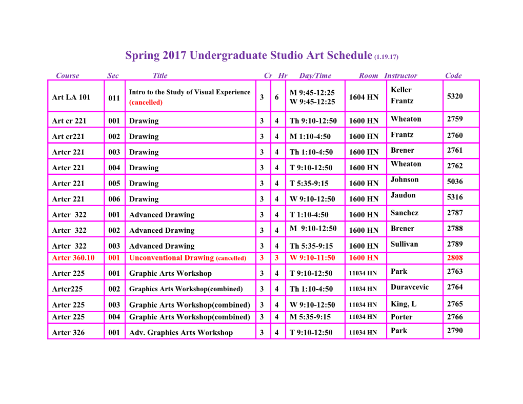 Spring 2017 Undergraduate Studio Art Schedule (1.19.17)