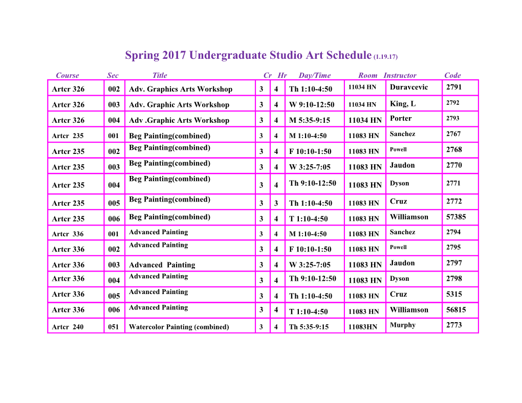 Spring 2017 Undergraduate Studio Art Schedule (1.19.17)