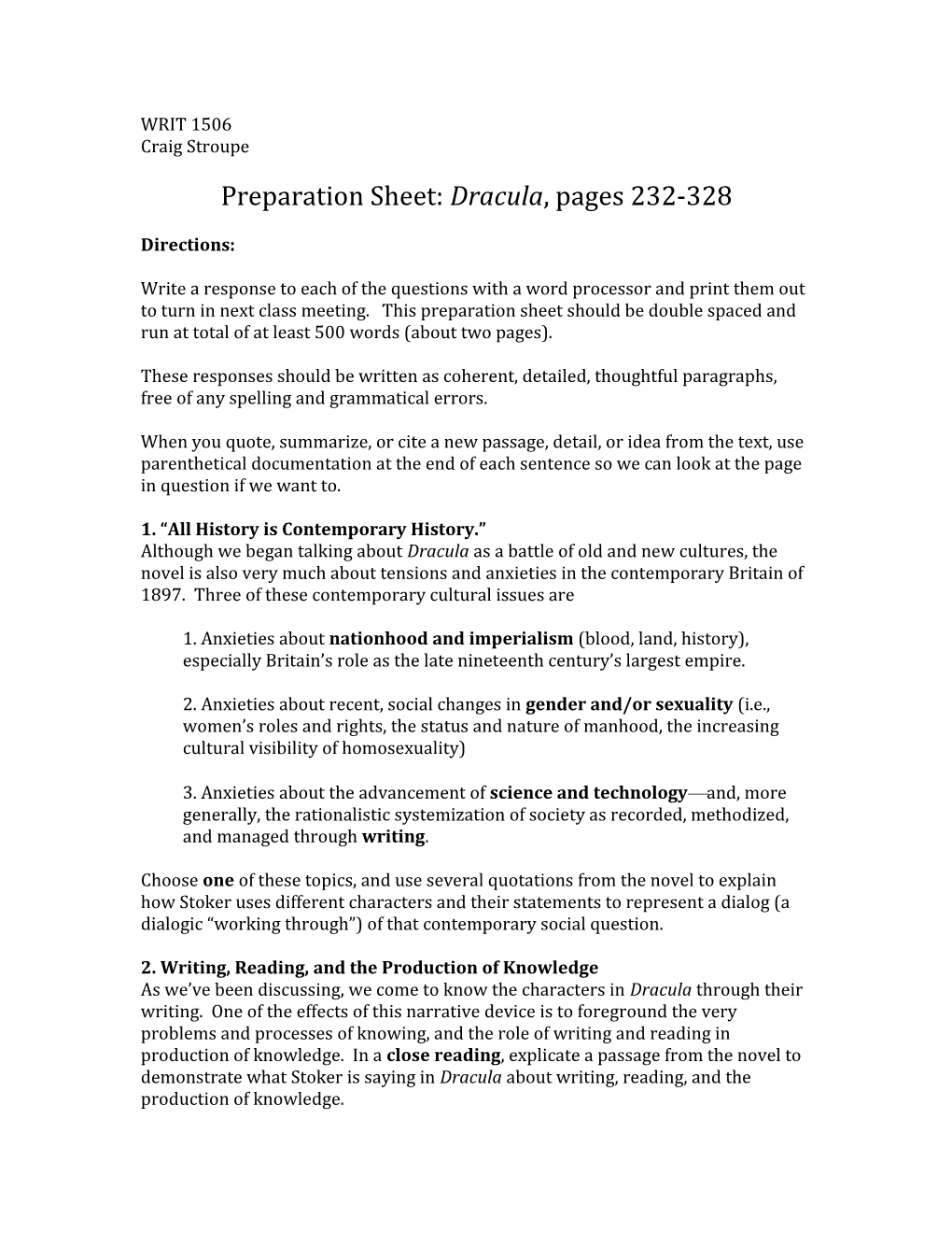 Preparation Sheet: Dracula, Pages 232-328