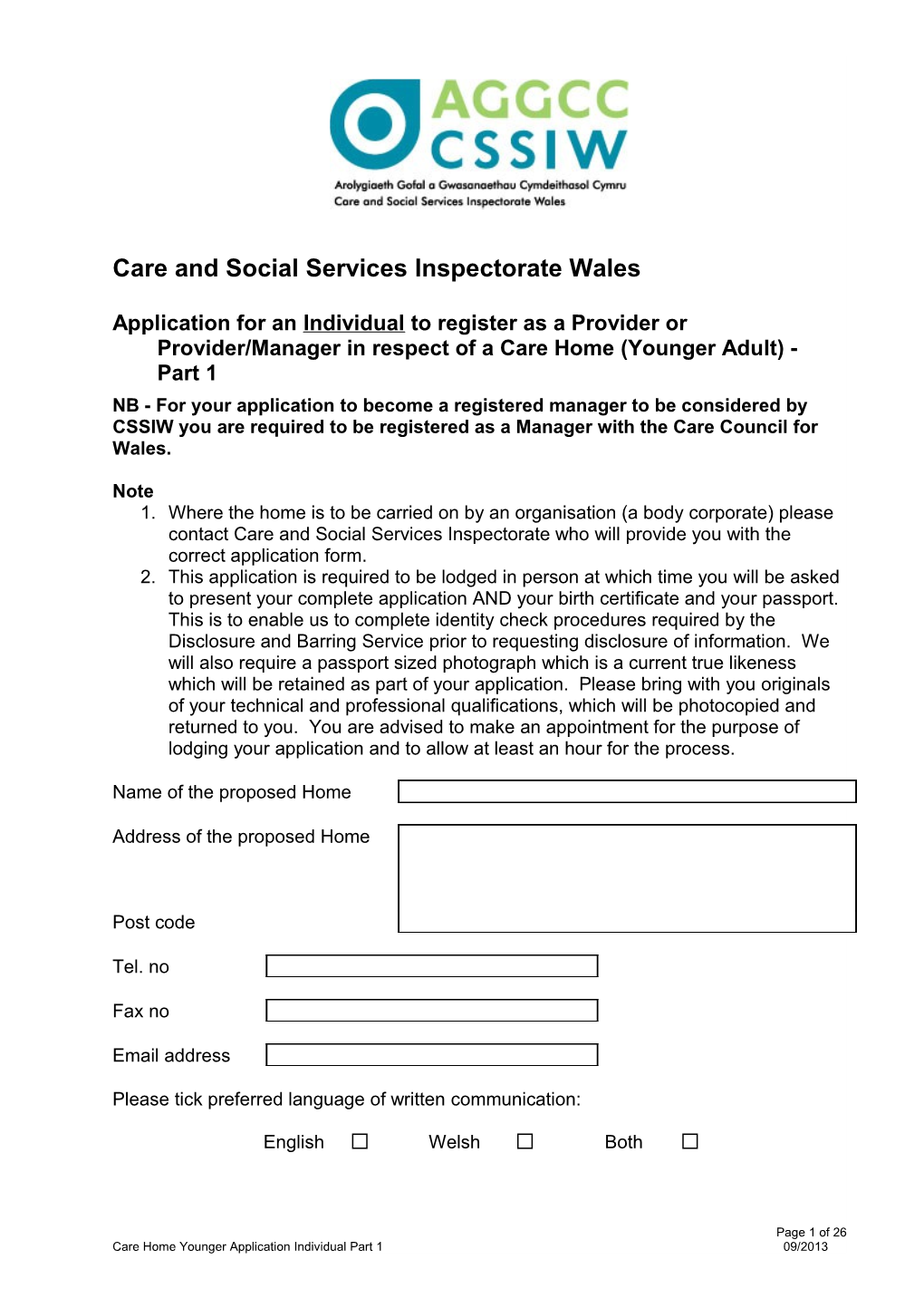 Application for Organisation in Respect of a Care Home Part 1