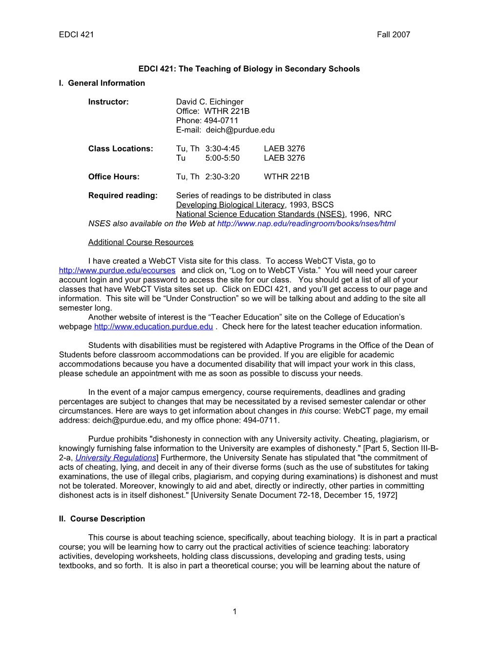 EDCI 421: the Teaching of Biology in Secondary Schools