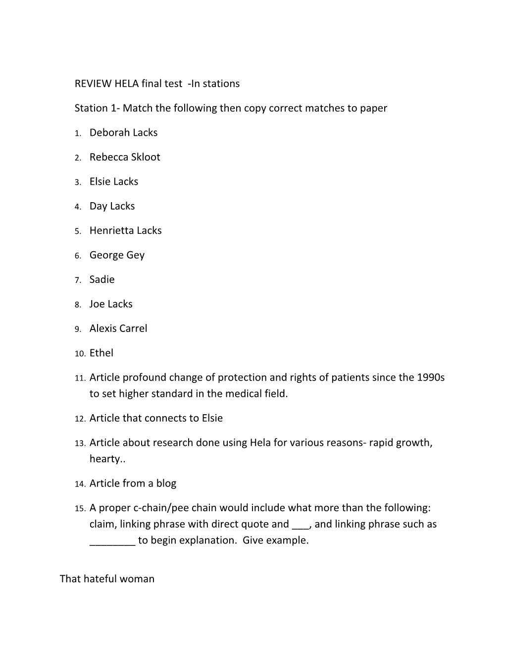 Station 1- Match the Following Then Copy Correct Matches to Paper