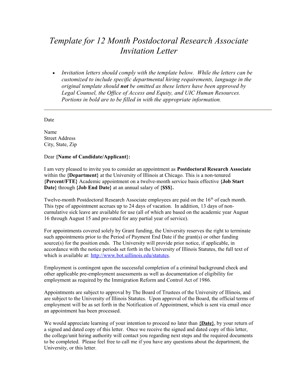 Template for 12 Month Postdoctoral Research Associateinvitation Letter