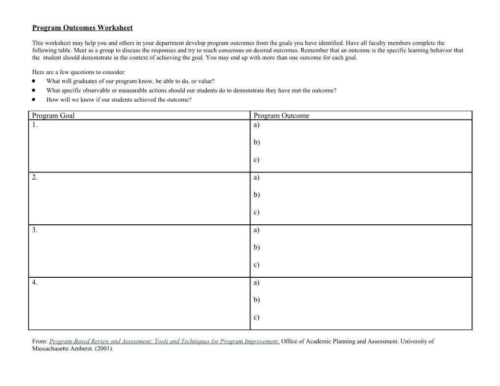 Program Outcomes Worksheet