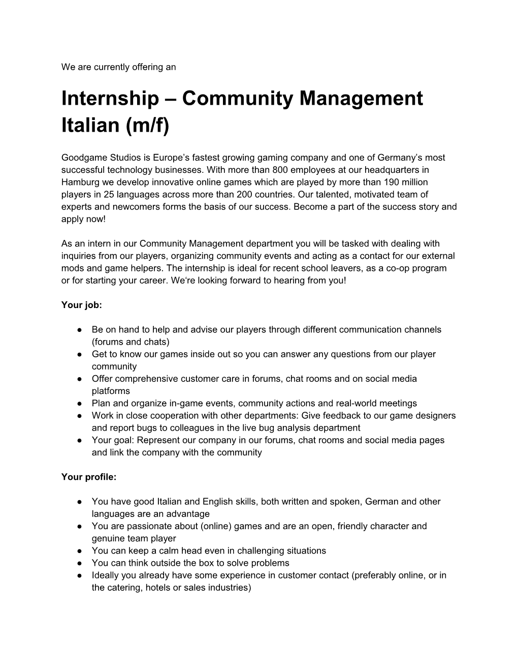 Internship - Community Management Italian