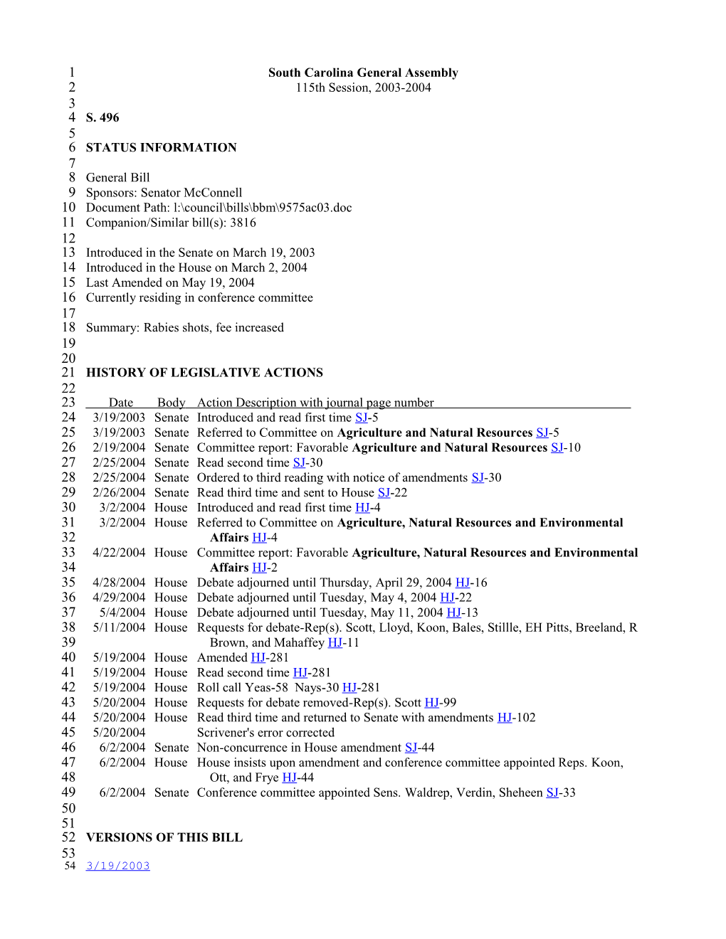 2003-2004 Bill 496: Rabies Shots, Fee Increased - South Carolina Legislature Online