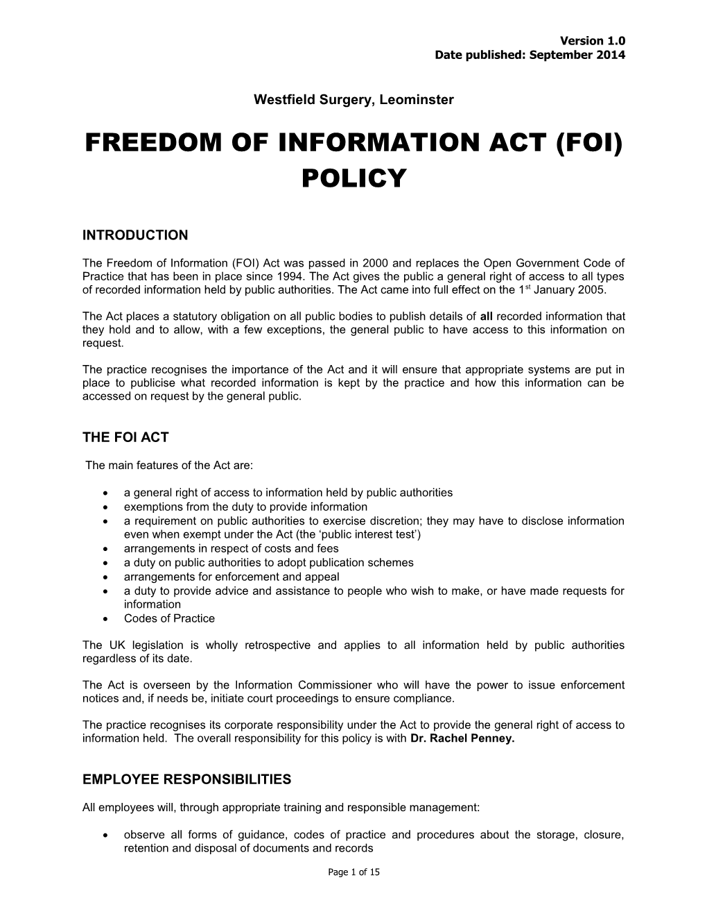 Freedom of Information Act (Foi) Policy