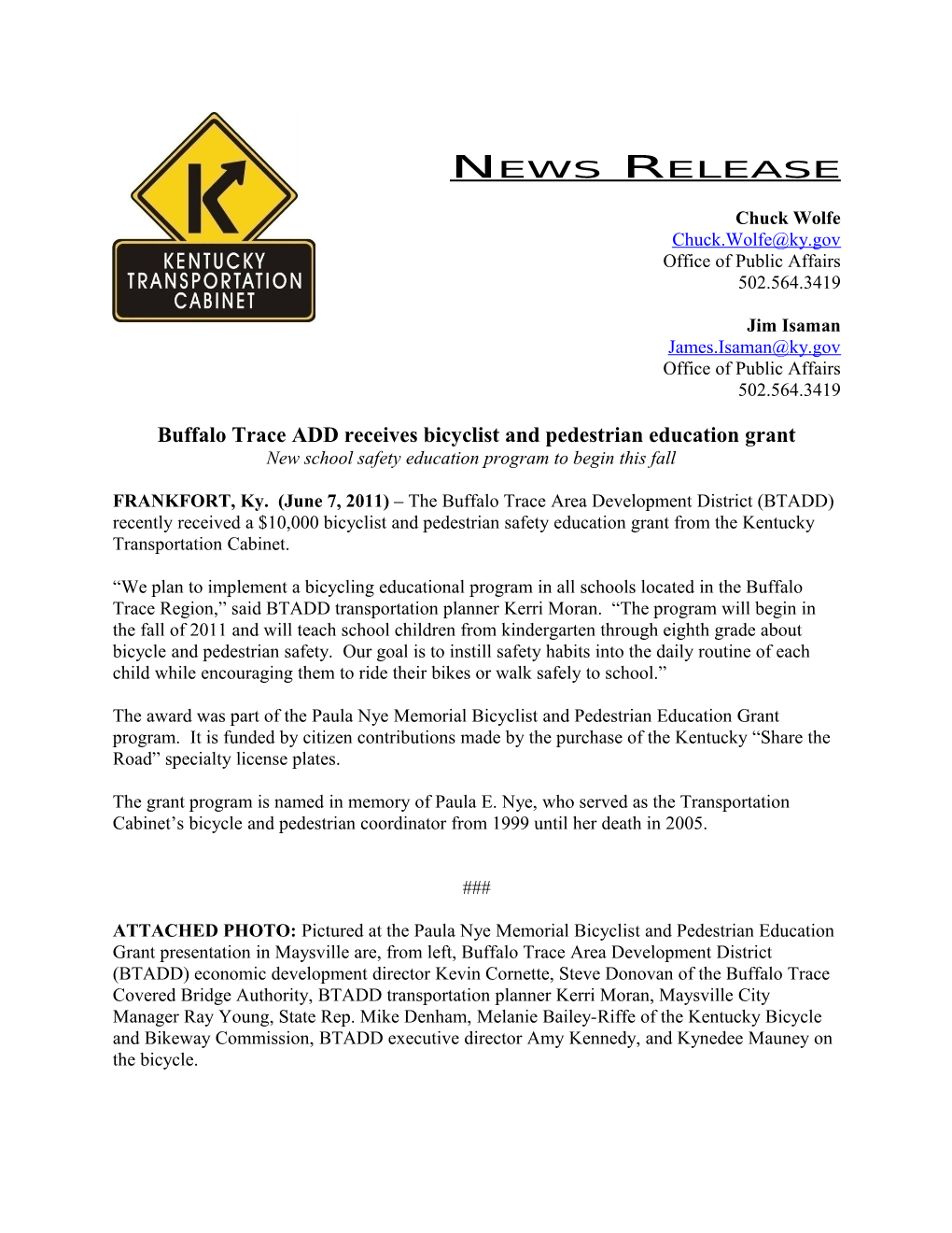 Buffalo Trace ADD Receives Bicyclist and Pedestrian Education Grant