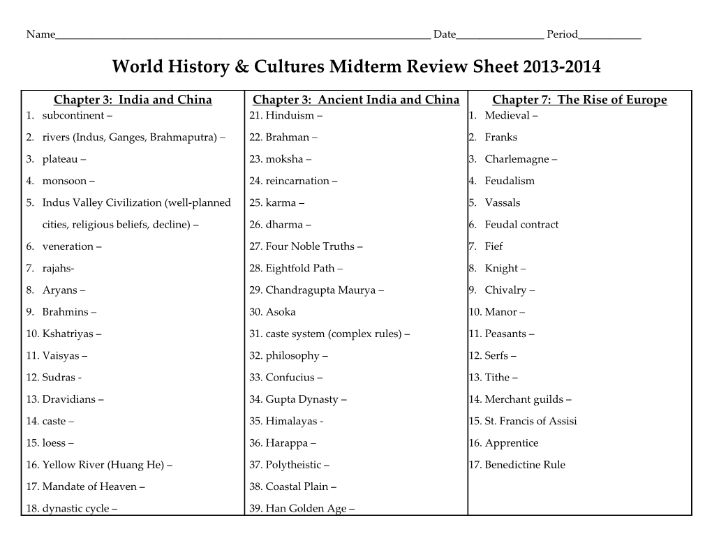 World History & Cultures Midterm Review Sheet 2013-2014