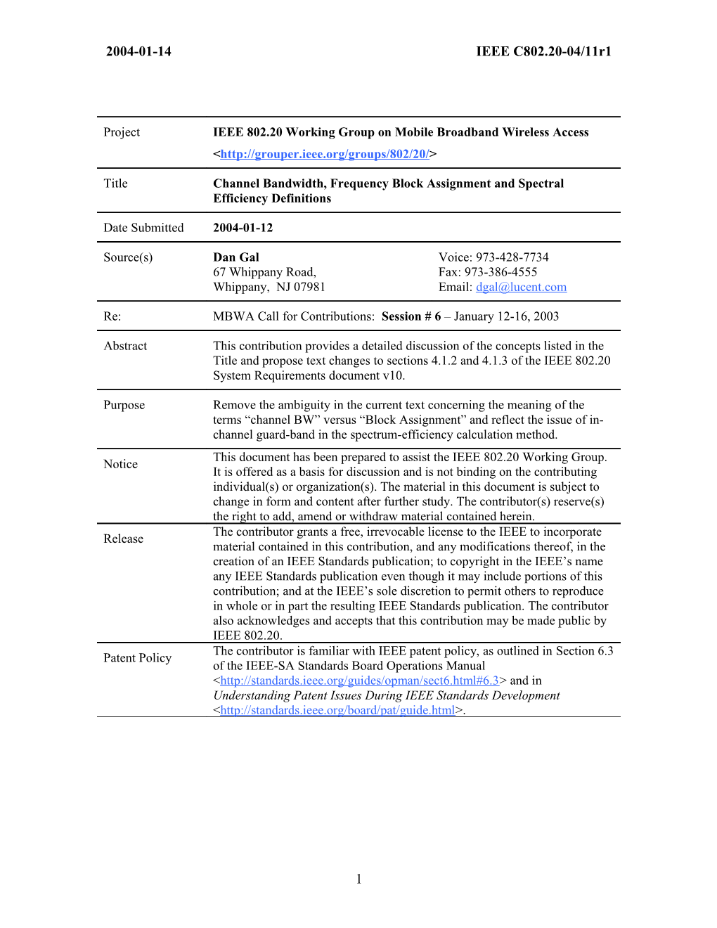 IEEE 802.20 Channel BW - SRD Changes