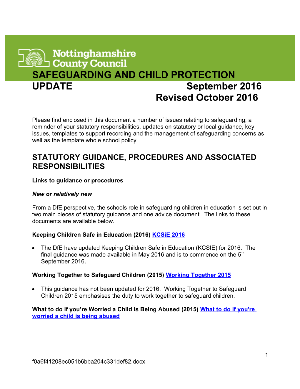 SAFEGUARDING and CHILD PROTECTION UPDATE September 2016