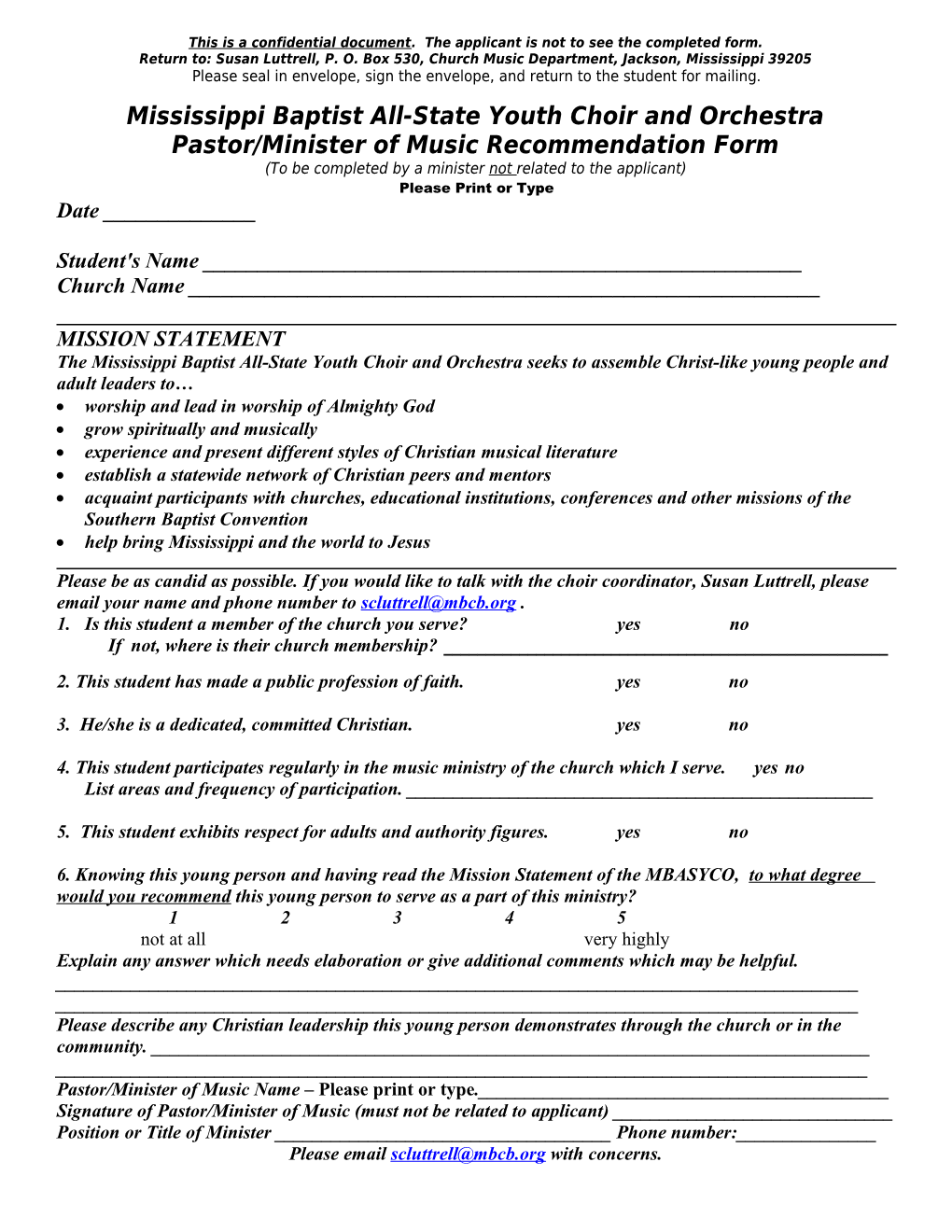 This Is a Confidential Document. the Applicant Is Not to See the Completed Form
