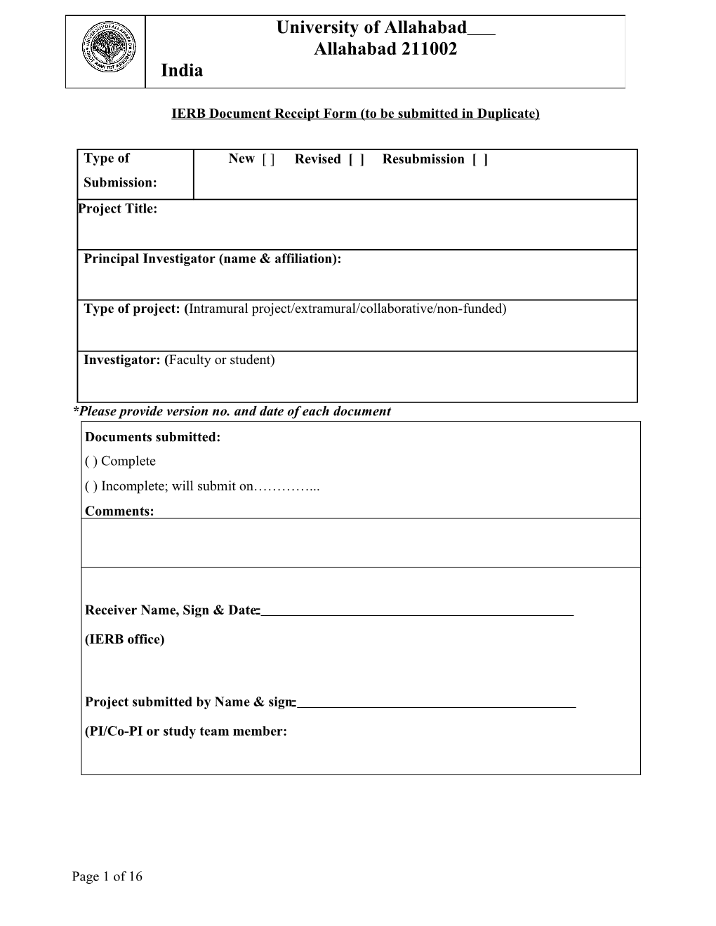 IERB Document Receipt Form (To Be Submitted in Duplicate)