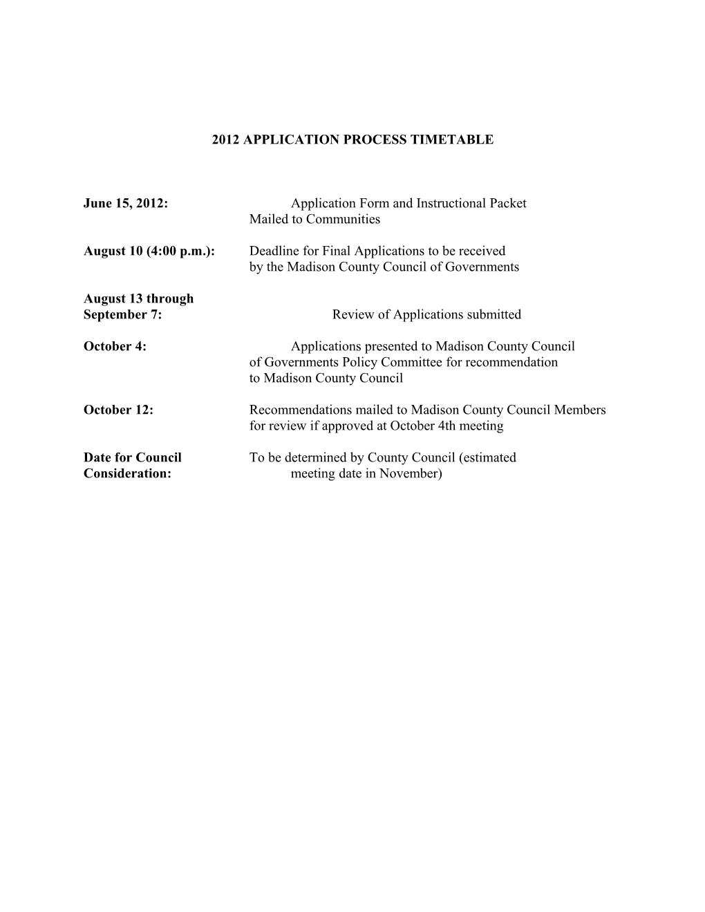 2012 Application Process Timetable