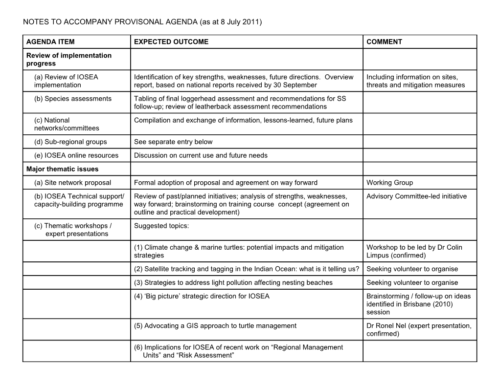 NOTES to ACCOMPANY PROVISONAL AGENDA (As at 8 July 2011)