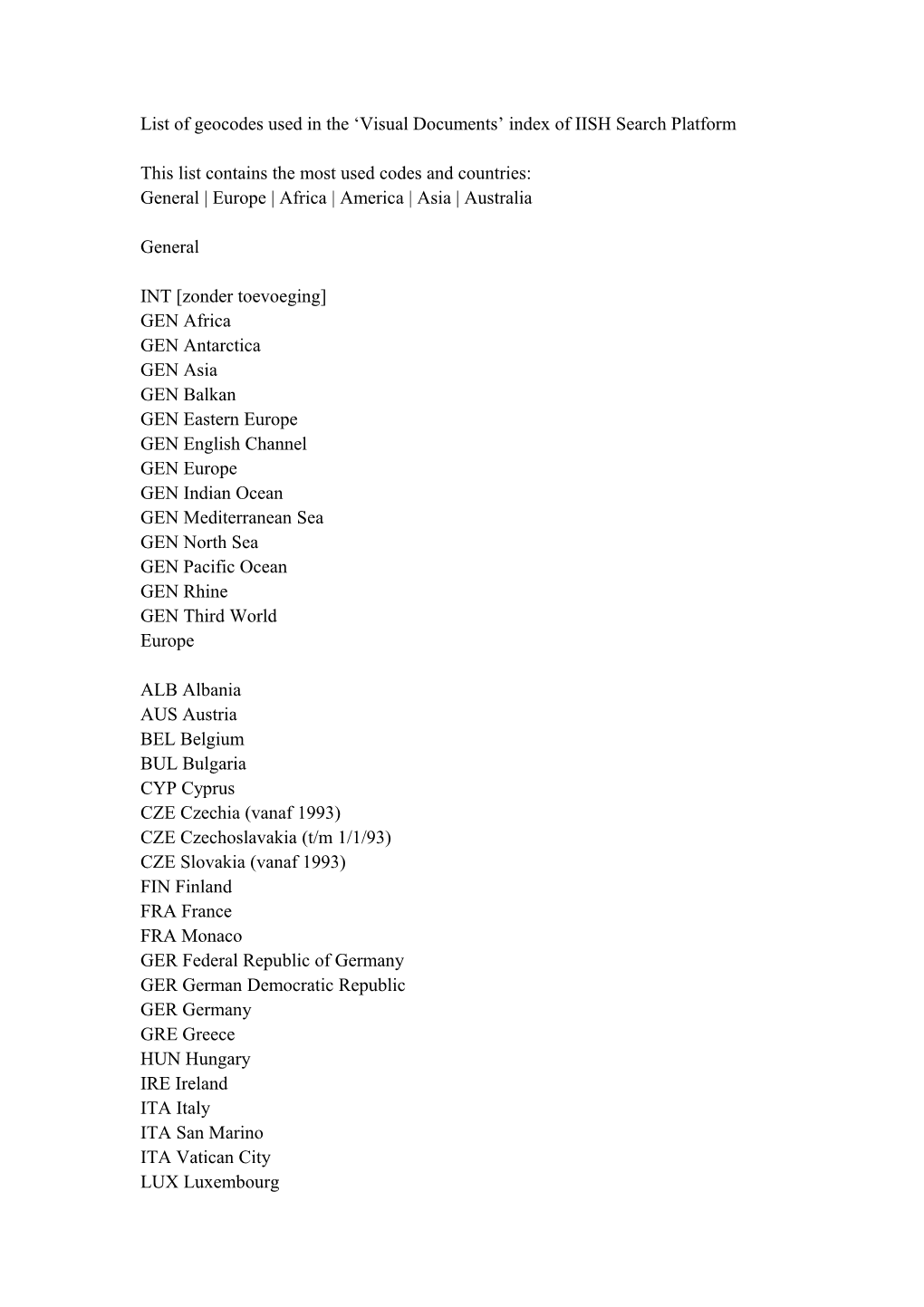 List of Geocodes Used in the Visual Documents Index of IISH Search Platform