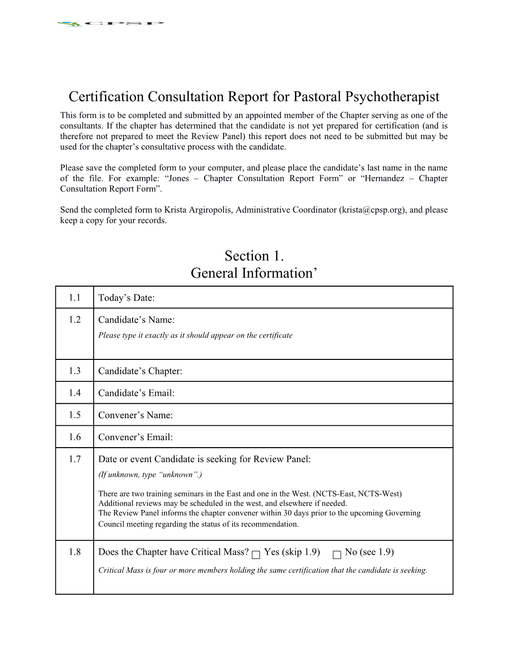 Certification Consultation Report for Pastoral Psychotherapist