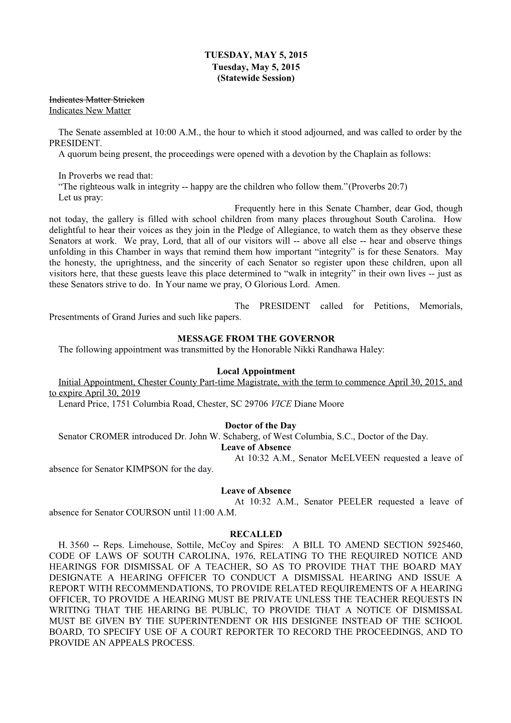 Senate Journal for 5/5/2015 - South Carolina Legislature Online