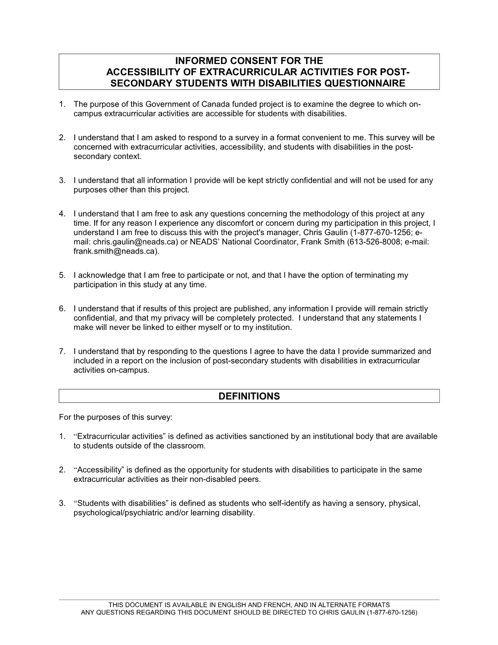 Accessibility of Extracurricular Activities for Students with Disabilities Questionnaire