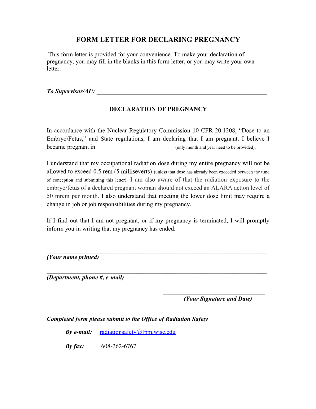 Form Letter for Declaring Pregnancy