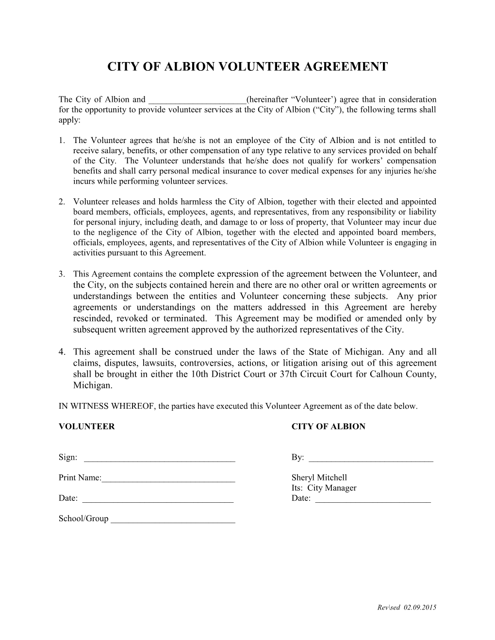 City of Albion Volunteer Agreement