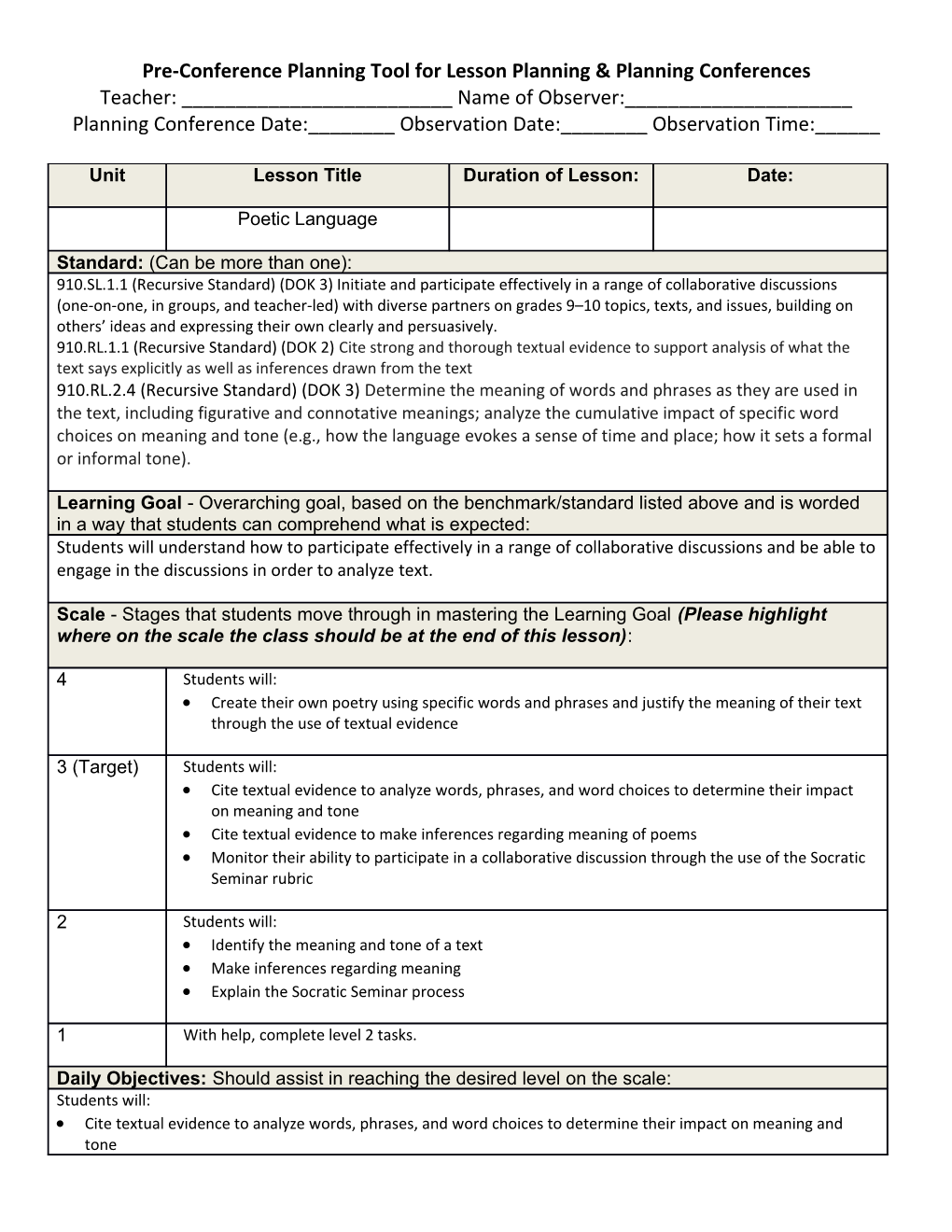 Pre-Conference Planning Tool for Lesson Planning & Planning Conferences