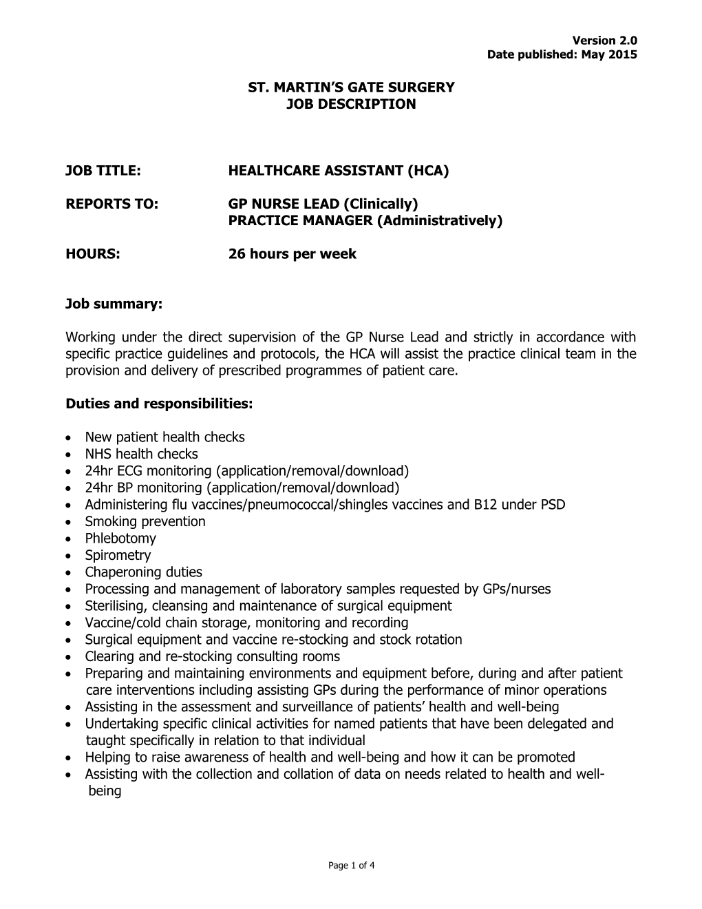 Job Title: Healthcare Assistant (Hca)
