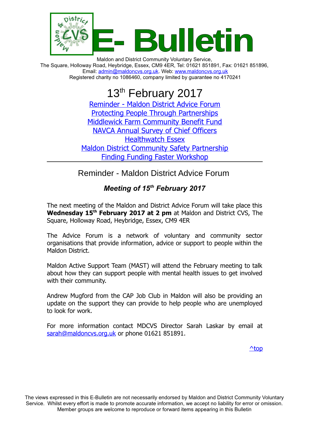 Reminder - Maldon District Advice Forum
