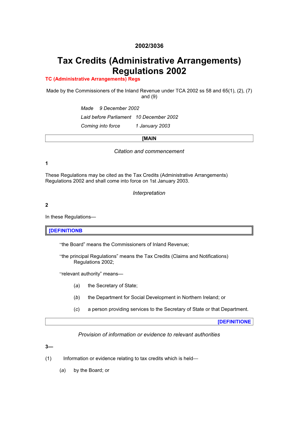 Tax Credits (Administrative Arrangements) Regulations 2002