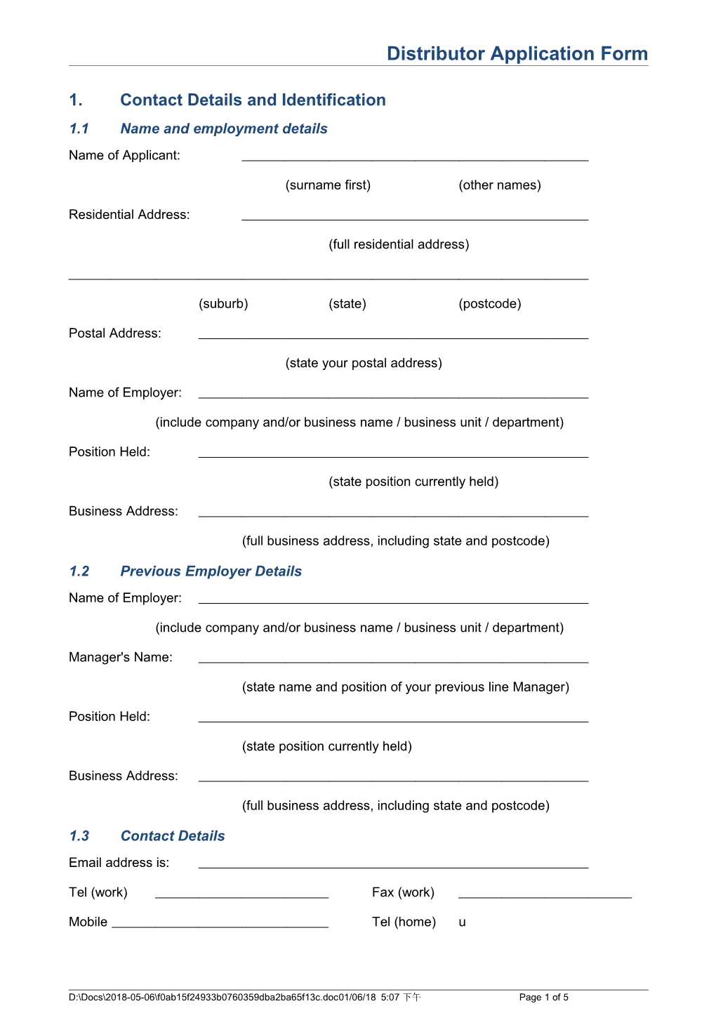 Distributor Application Form