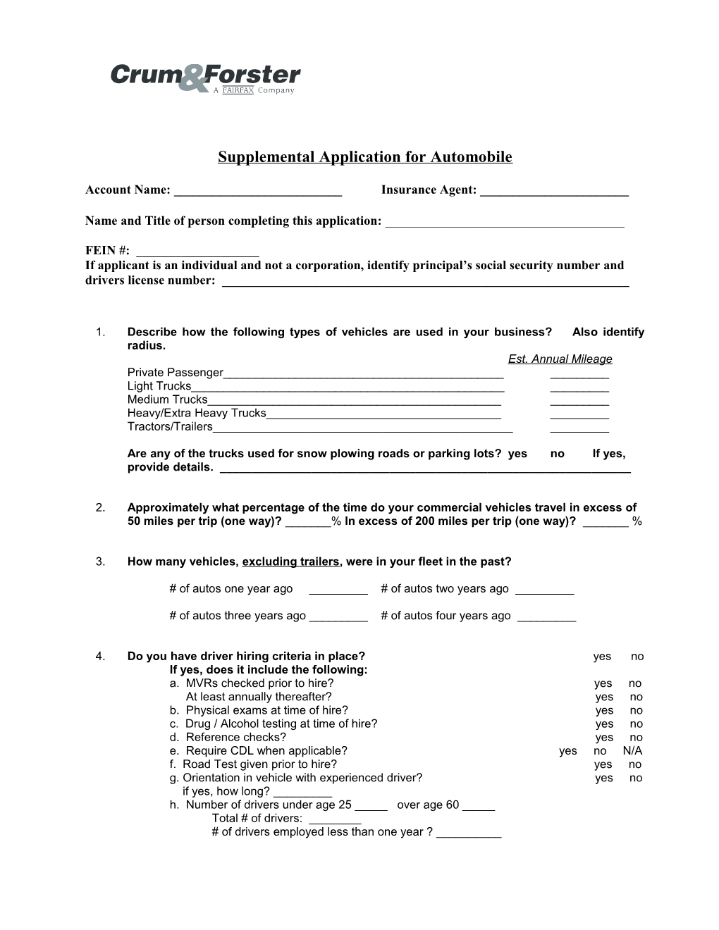 Supplemental Application for Automobile