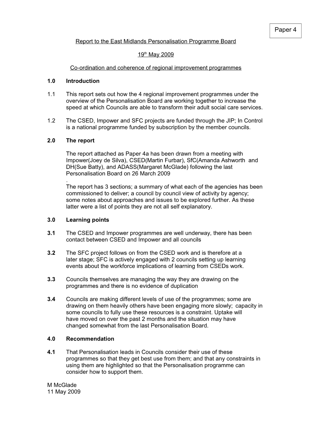 Report to the East Midlands Personalisation Programme Board