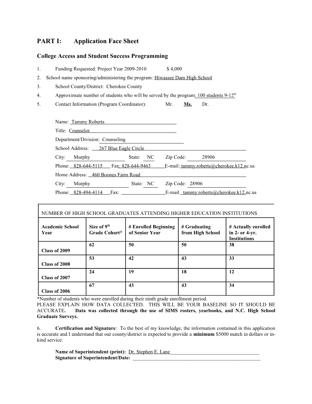 PART I: Application Face Sheet