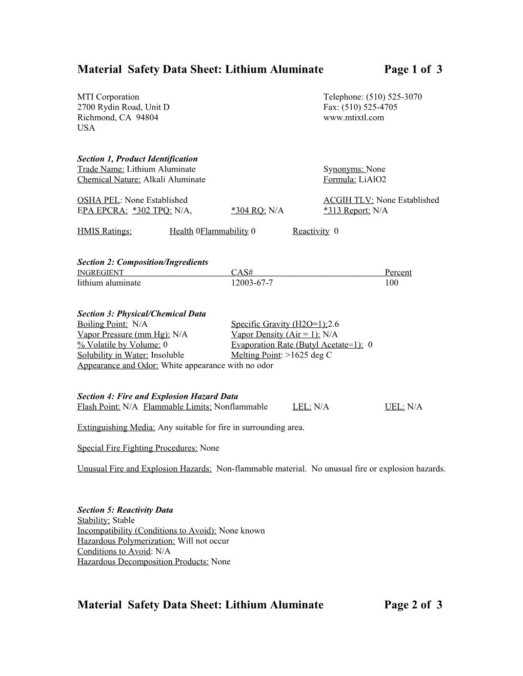 Material Safety Data Sheet: Lithium Tiobate