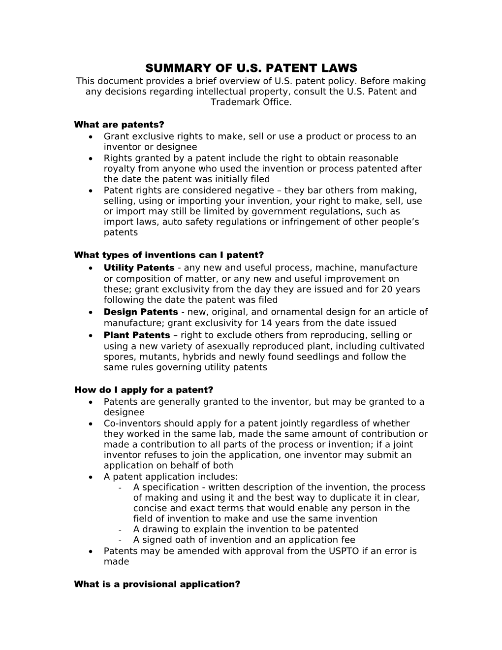 Summary of U.S. Patent Laws