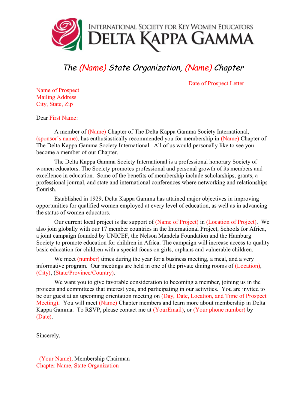 The (Name) State Organization, (Name) Chapter