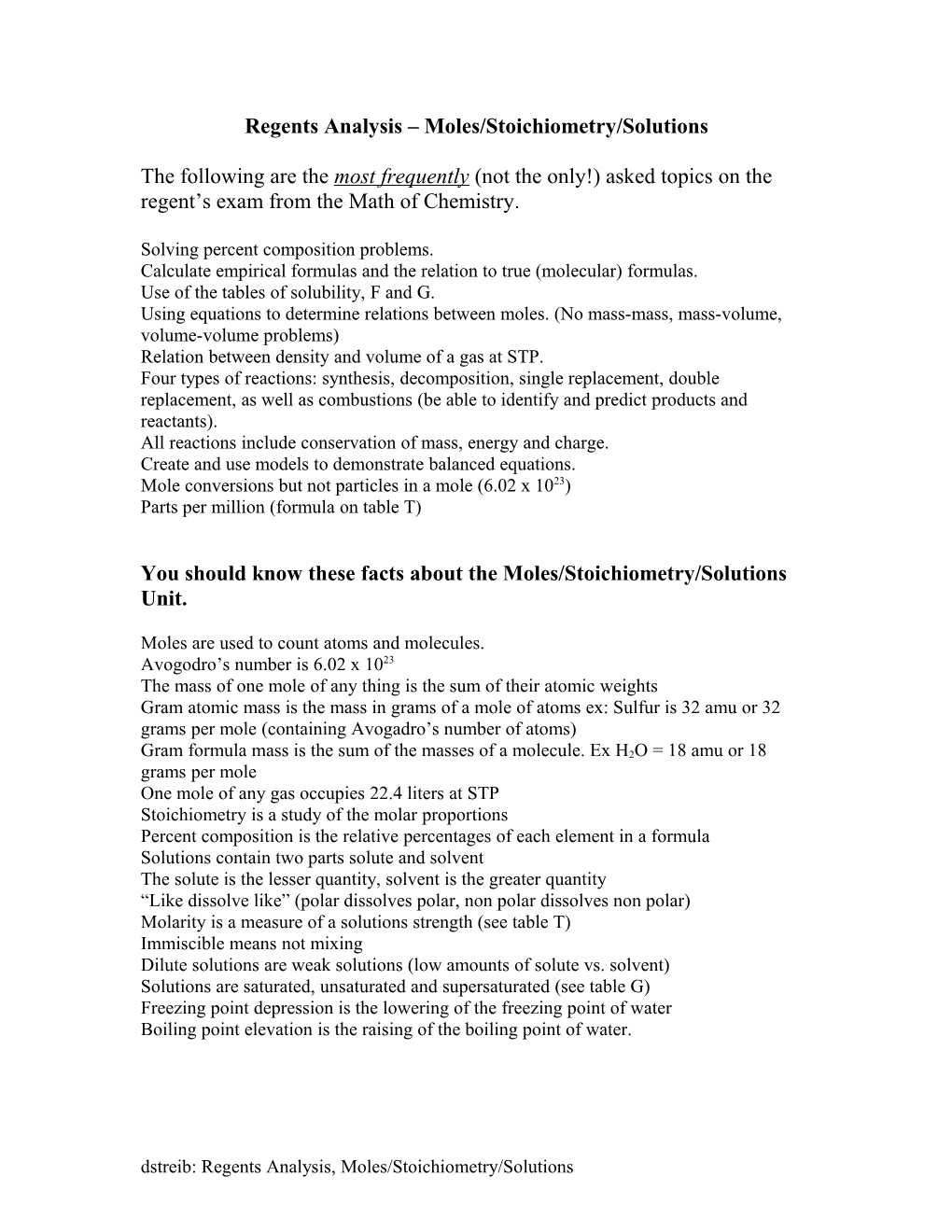 Regents Analysis Moles/Stoichiometry/Solutions