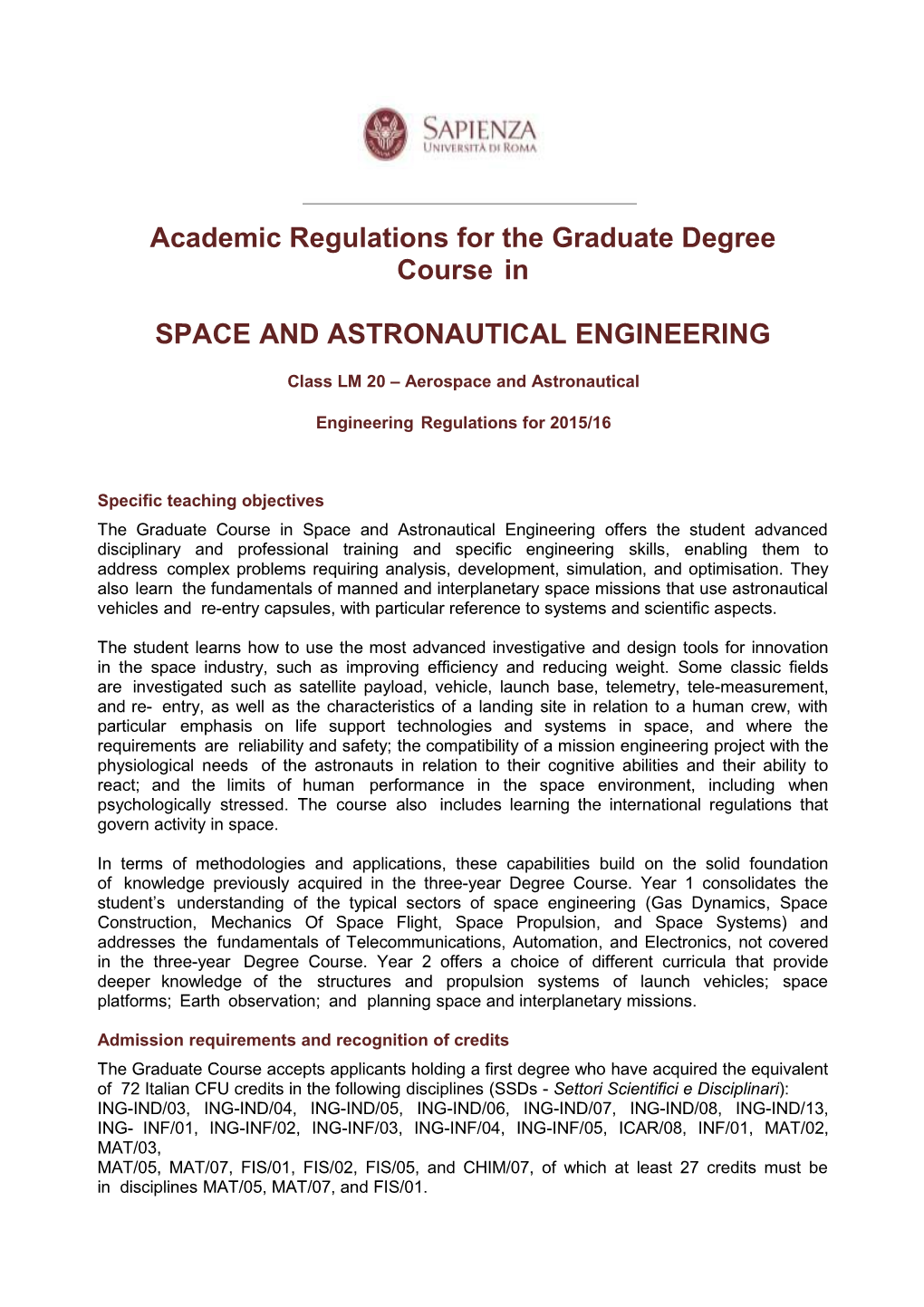 Academic Regulations for the Graduate Degree Course In s1